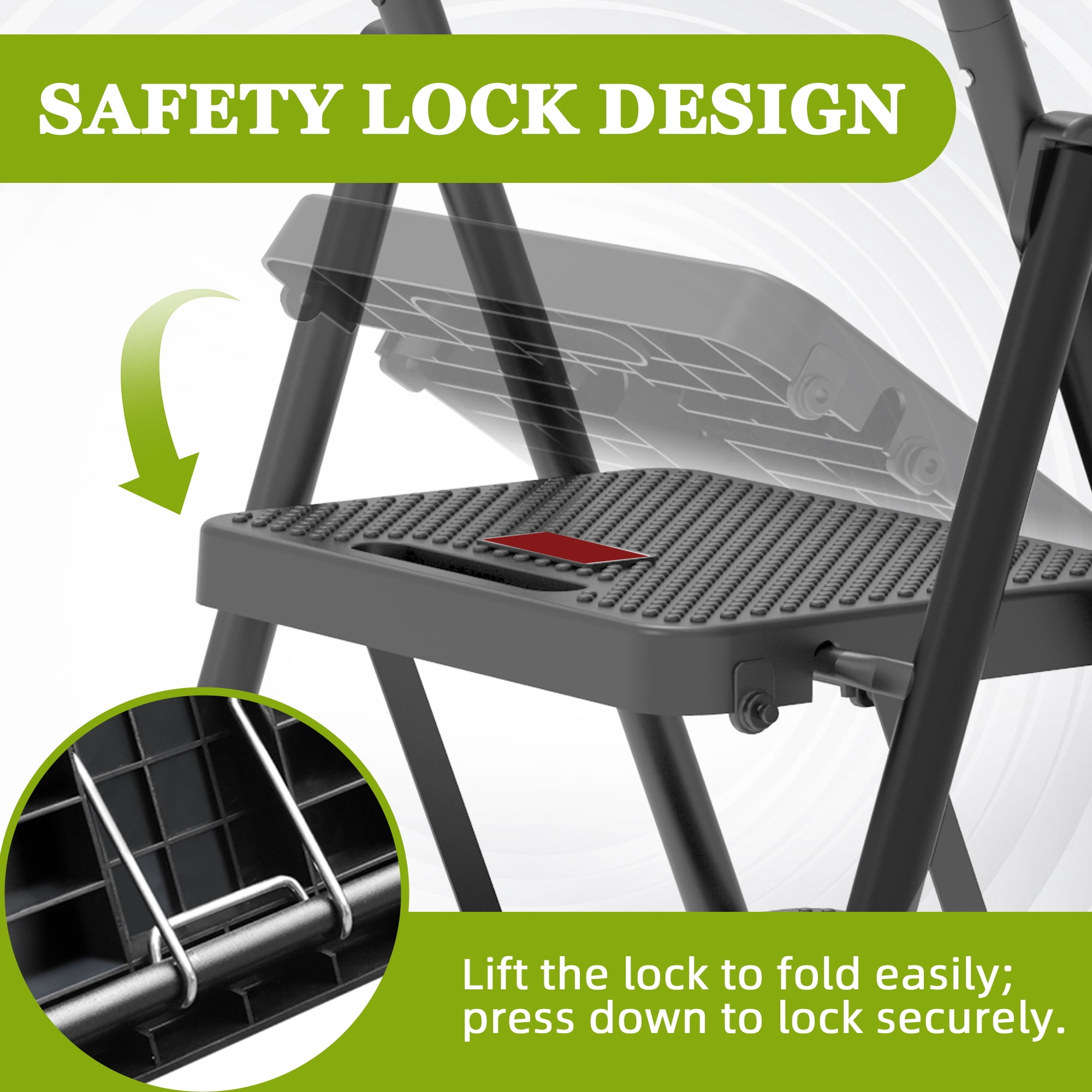 LevLad 4 Step Ladder with Tool Tray, Folding Step Stool, Wide Anti-Slip Pedal and Anti-Slip Feet, Steel Ladder for Home Improvement, Black