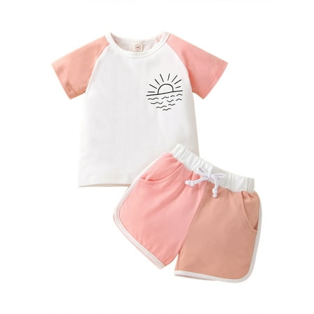 

Canrulo Toddler Baby Boy Girl Summer Outfits Short Sleeve T-Shirt Tops+Drawstring Shorts Infant 2Pcs Clothes Pink 18-24 Months