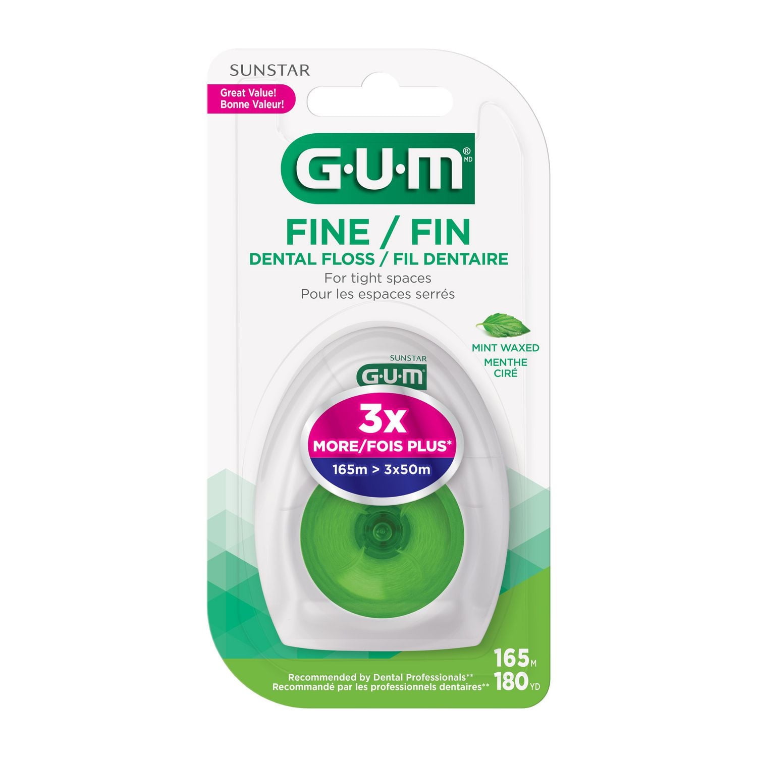 GUMᴹᴰ Fil Dentaire Fin, Menthe Ciré, Glisse facilement entre les dents serrées 165M