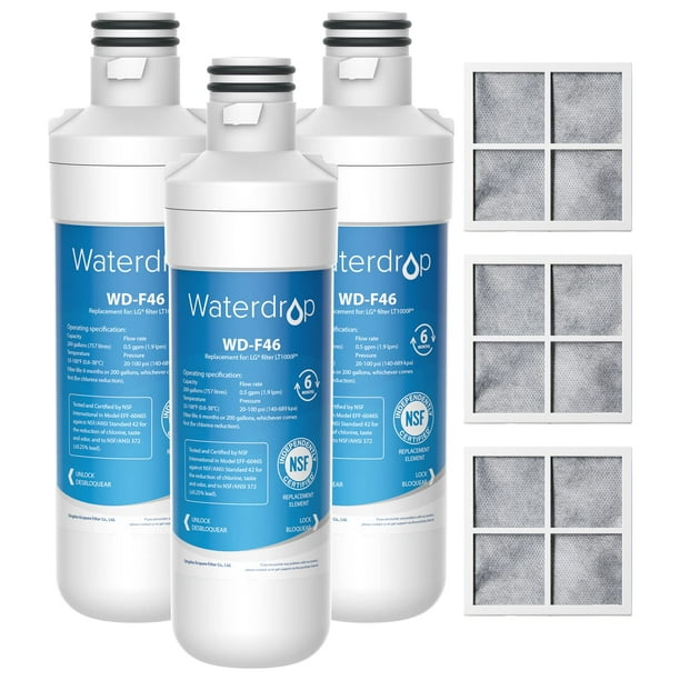 Waterdrop ADQ747935 LT1000PC Reemplazo para filtro de agua para refrigerador LG® LT1000P®/PC/PCS ThinQ®, LFXS26973S, LMXS28626S, LMWS27626S, LFXS28596S, ADQ74793501 y LT120F®, 3 combo