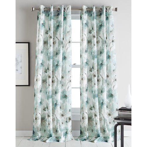 4-P Moani Island Breeze Floral Scroll Curtain Set Teal Green Blue Gray Off-White 