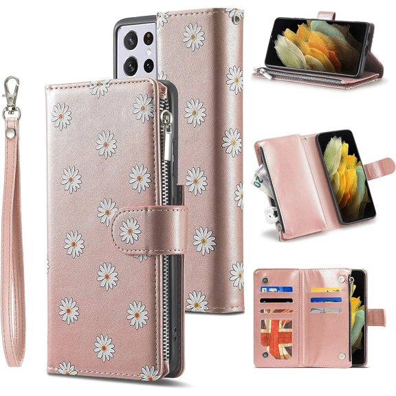Wallet Case for Samsung Galaxy S21 Ultra, Premium Vintage PU Leather Magnetic Closure Handbag Zipper Pocket Case Kickstand Card Holder Slot Wrist Strap TPU Shockproof Flip Case -Daisy Rosegold