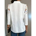 thumbnail image 3 of Women'S Floral Eyelet Embroidery Band Collared 3/4 Puff Sleeve Blouses Button Down Casual Shirts Green XXL, 3 of 4