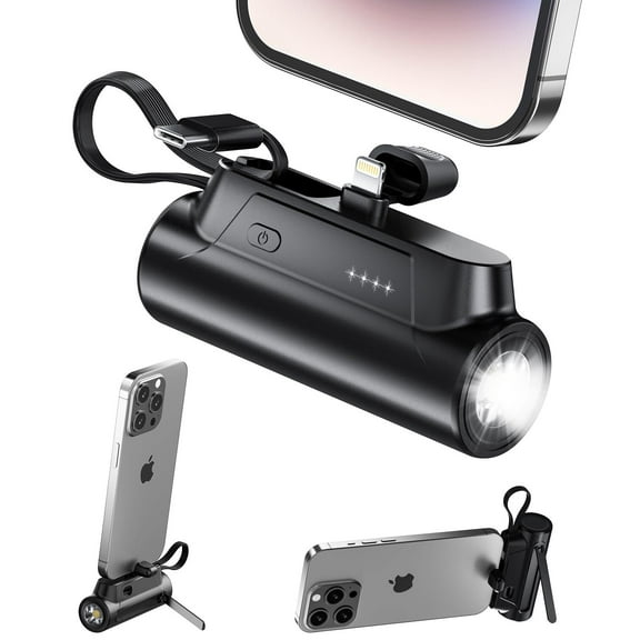 Portable Charger Power Bank,5000mAh Small Portable Charger 5V3.1A Fast Charger Built-in Type-C Cable Flashlight and Phone Holder For iPhone and Android Phone