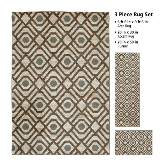 Mainstays Neutral Geometric Beige 3 Piece Indoor Area Rug Set