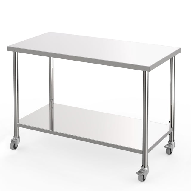 Towallmark Table Utilitaire en Acier Inoxydable 48 Pouces x 24 Pouces, Établi Roulant Robuste avec Roulettes Verrouillables et Étagère Réglable, pour Cuisine, Garage, Atelier