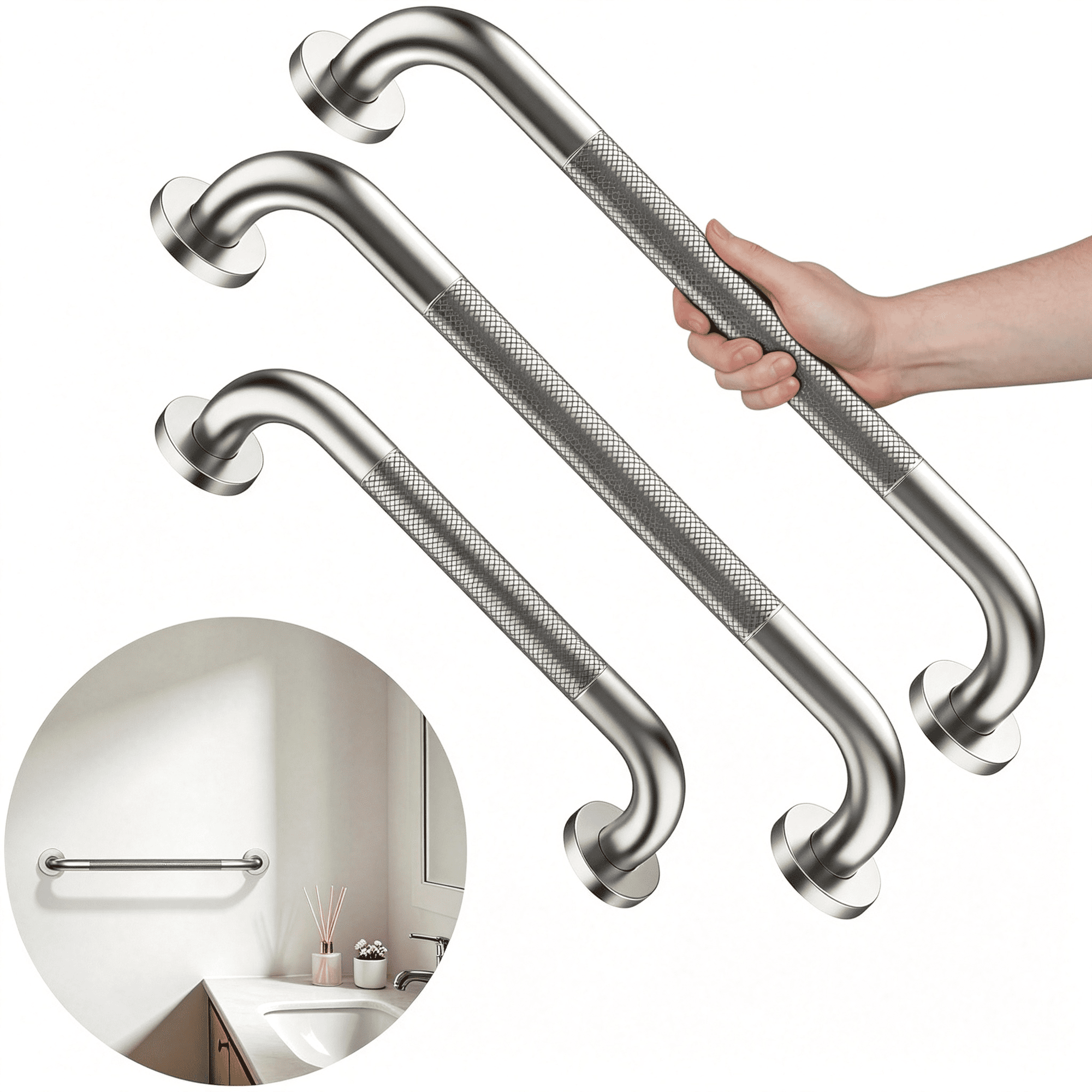 ZHZFKQ 3 Pack Brushed Nickel Grab Bars for Shower,12"&16" Stainless Steel Handicap Safety Rails,Anti Slip Bathroom Balance Bar for Elderly