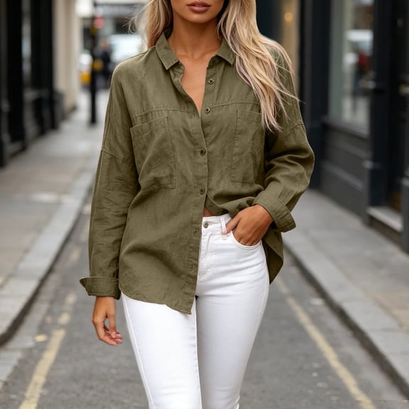 Women's Winter Cardigan Long-Sleeved Cardigan With Buttons Double Pockets And Collared Shirts Top Cozy Layered Top for Women Army Green L
