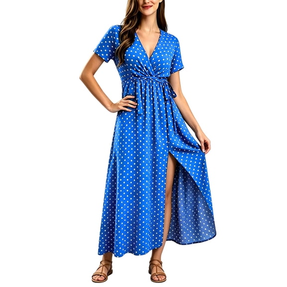 QUNYINEY Long Womens Summer Dresses Short Sleeve Casual Polka Dot A Line Dress Flowy with Slit V Neck Loose Fit Dresses
