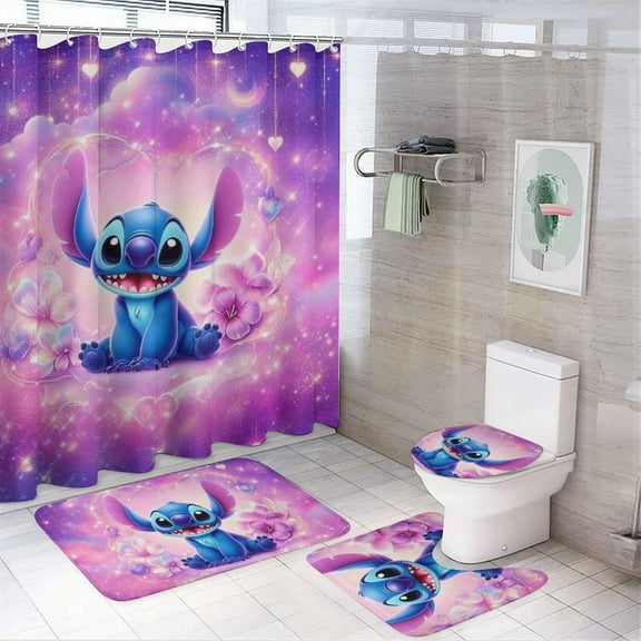 4 Piece Shower Curtain Set with Rugs Stitch Shower Curtain Bathroom Sets Decor Waterproof