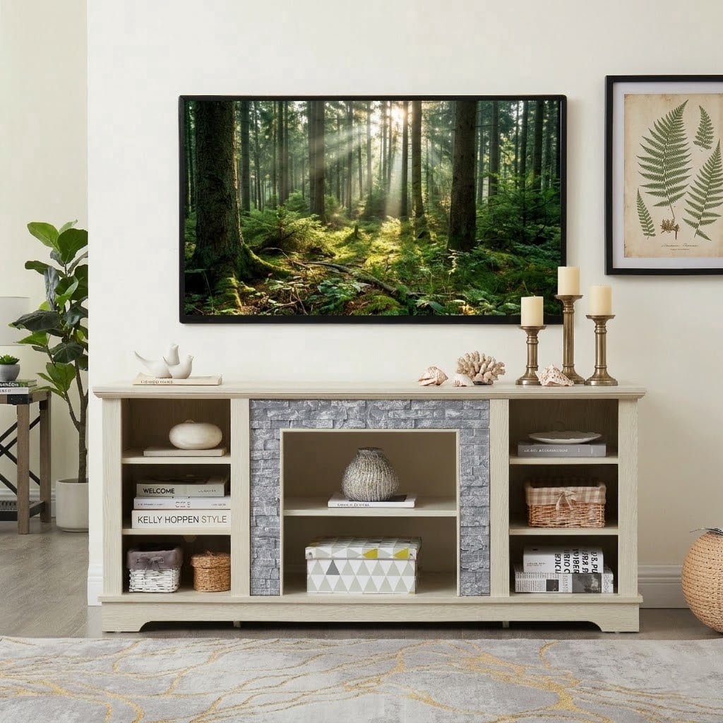 Eyisean 58" W Modern TV Stand with Large Storage Space, Entertainment Center with Faux Stacked Stone, Wood Media Console Table for TVs Up to 65", Rack for Living Room