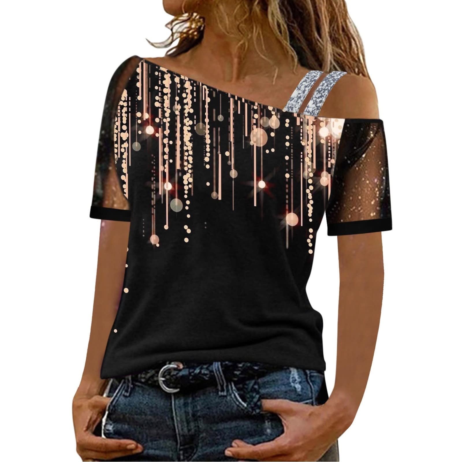 Womens Shiny Sequin Off Shoulder Tops One Strap Sheer Mesh Lace Blouses