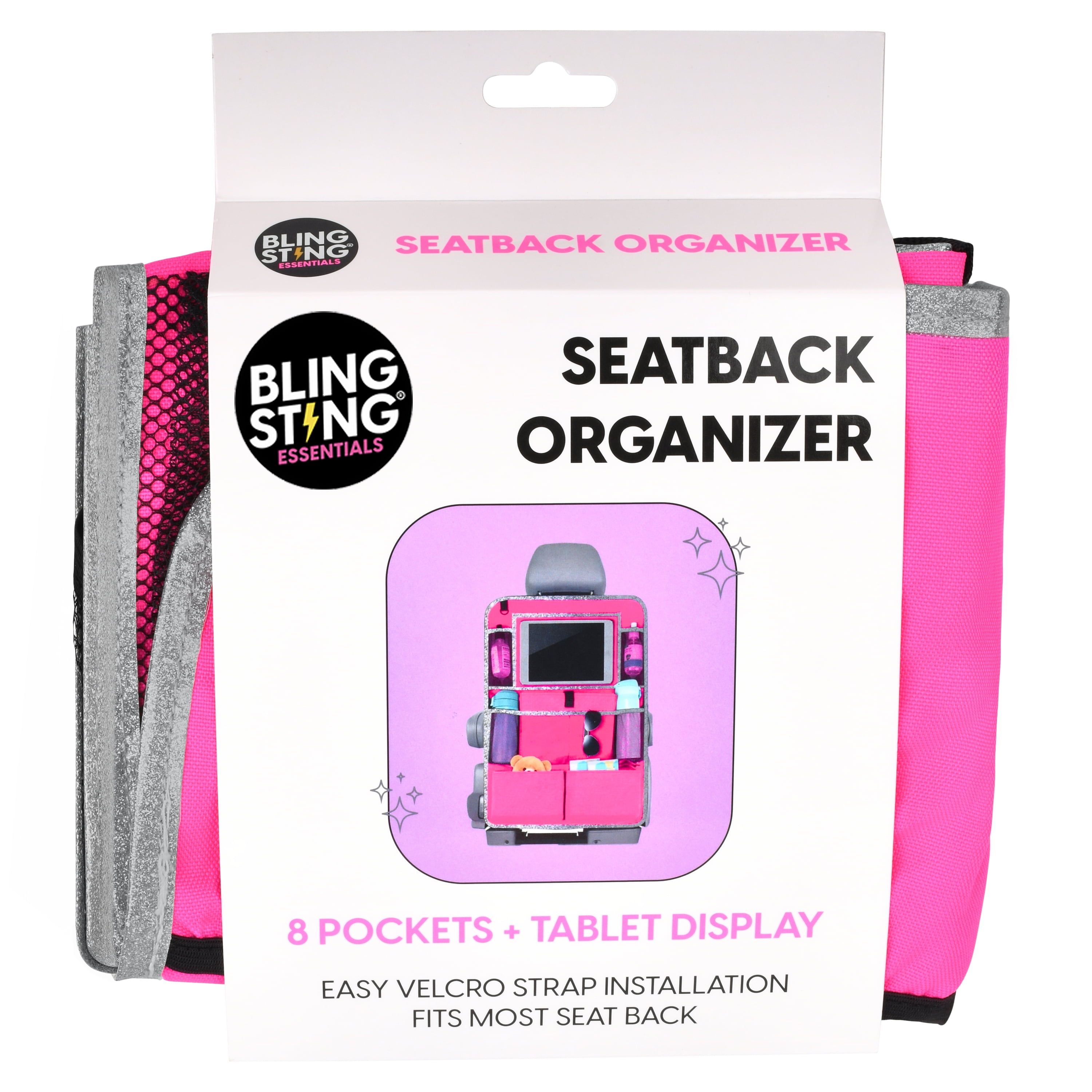 BLINGSTING Car Seat Back Organizer with Heavy-Duty Oxford Fabric, Adjustable Strap, Tablet Holder, Hot Pink 24 x 16