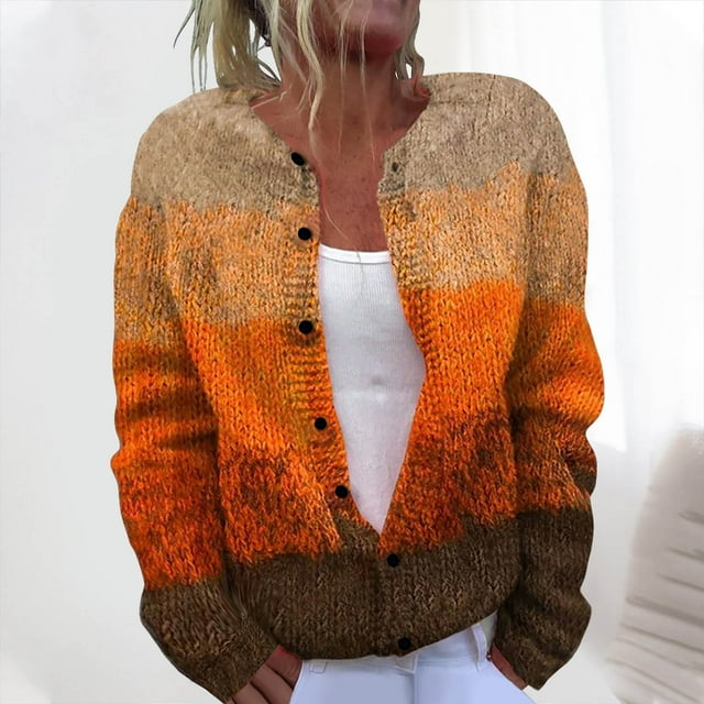 Leodye Cardigan Fashionable and Comfortable Sweaters for Women Lightweight Button Up Cardigans Fall Knit Sweater Tops Orange 8(L)