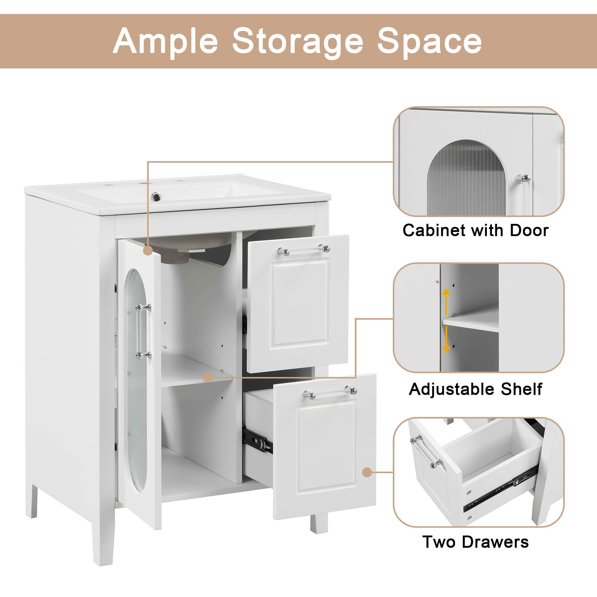 MAYEERTY 24" Bathroom Vanity with Sink 2 Drawers 1 Door Adjustable Shelf Solid Wood MDF White