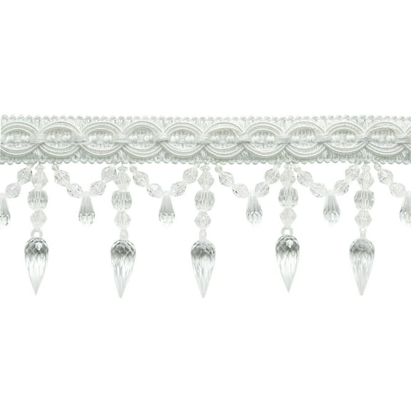 3 3/4" (9.5cm) Long Decorative Beaded Fringe Trim with Fancy Gimp Header, Large Teardrop Design # BF334,, Pure White #A1 (Bright White) Sold By The Yard (36"/3 ft/0.9m)