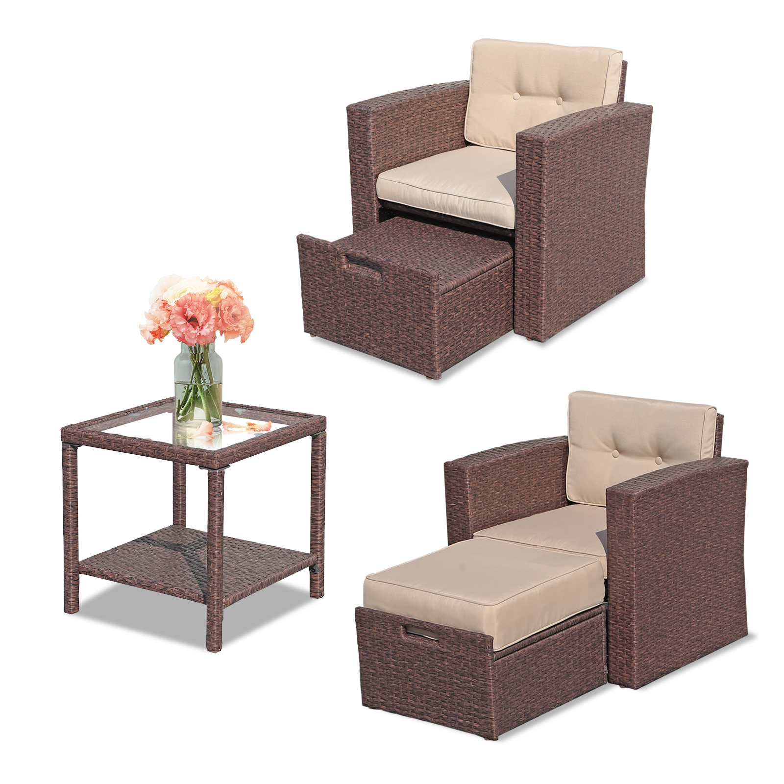 JOIVI 5 Pieces Patio Furniture Set, Outdoor Brown PE Rattan Wicker Patio Conversation Set, Lounge Chairs with Cushioned Ottoman and Tempered Glass Side Table - image 2 of 9
