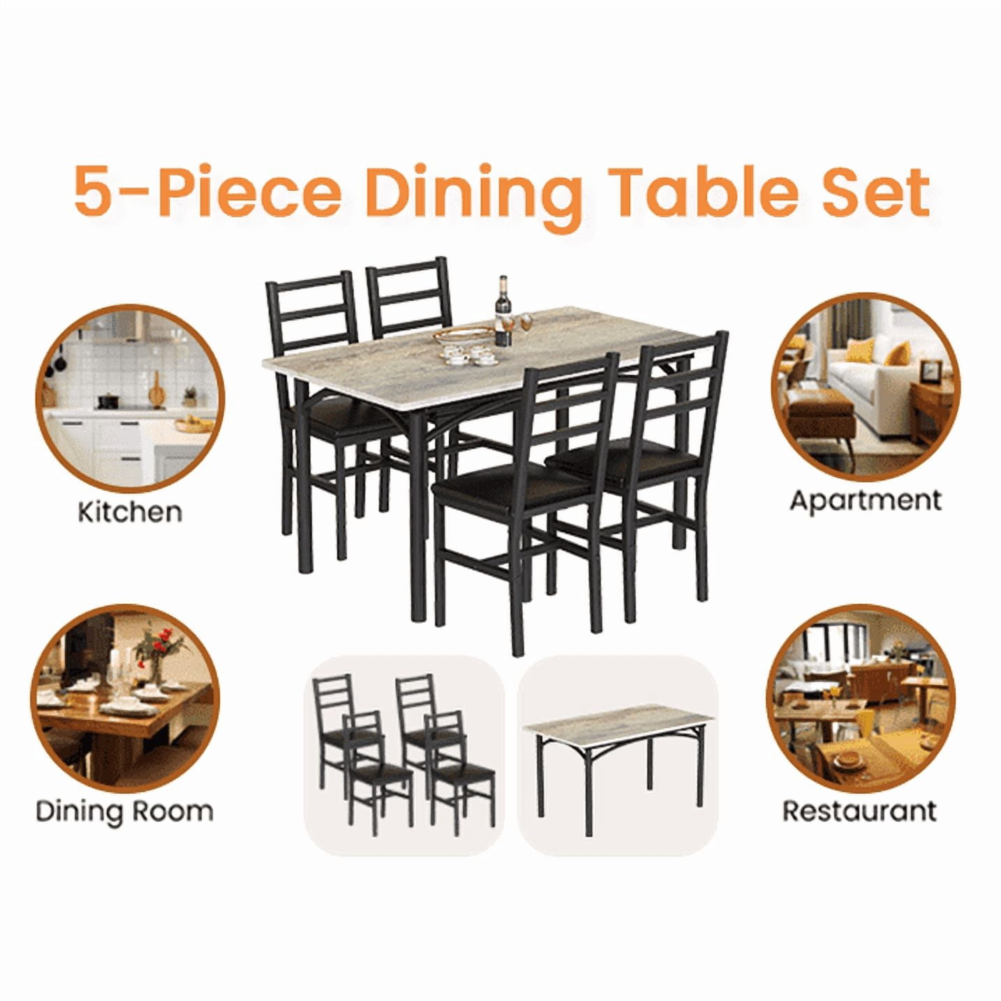 baxluxe 4-Person Dining Set, Farmhouse Kitchen Table and Chair Set, Solid Wood Dining Table with 4 PU Upholstered Chairs, Suitable for Kitchens, Apartments, Dining Rooms, Farmhouse Gray