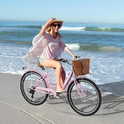 Classic Women Commute Bike with Basket, 24 Shimano 7 Speeds Adult Cruiser Bicycle for Ladies - Hi-Ten Steel Frame - Ideal for Urban Commuting and Beach Rides