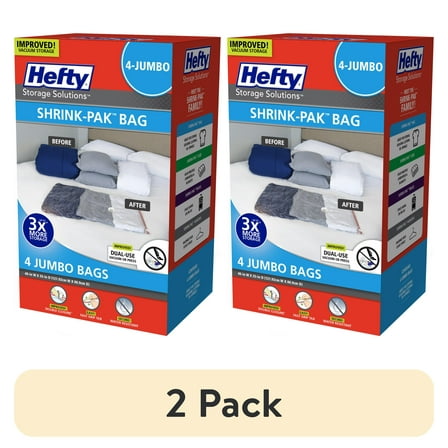 (2 pack) Hefty Shrink-Pak 4 Jumbo Vacuum Compression Storage Bags, Closet Organizer, Adult and Tweens