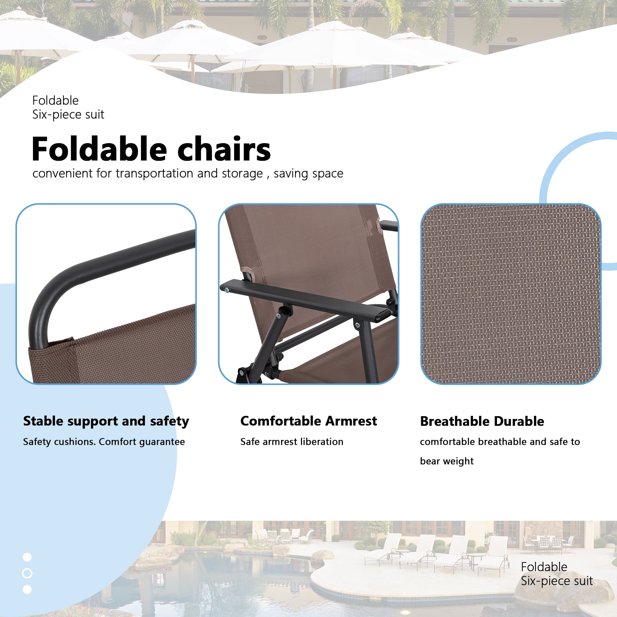 Sobaniilo 6 Piece Folding Outdoor Dining Set with Umbrella, Metal Patio Garden Patio Furniture Table and Chair Set, Brown