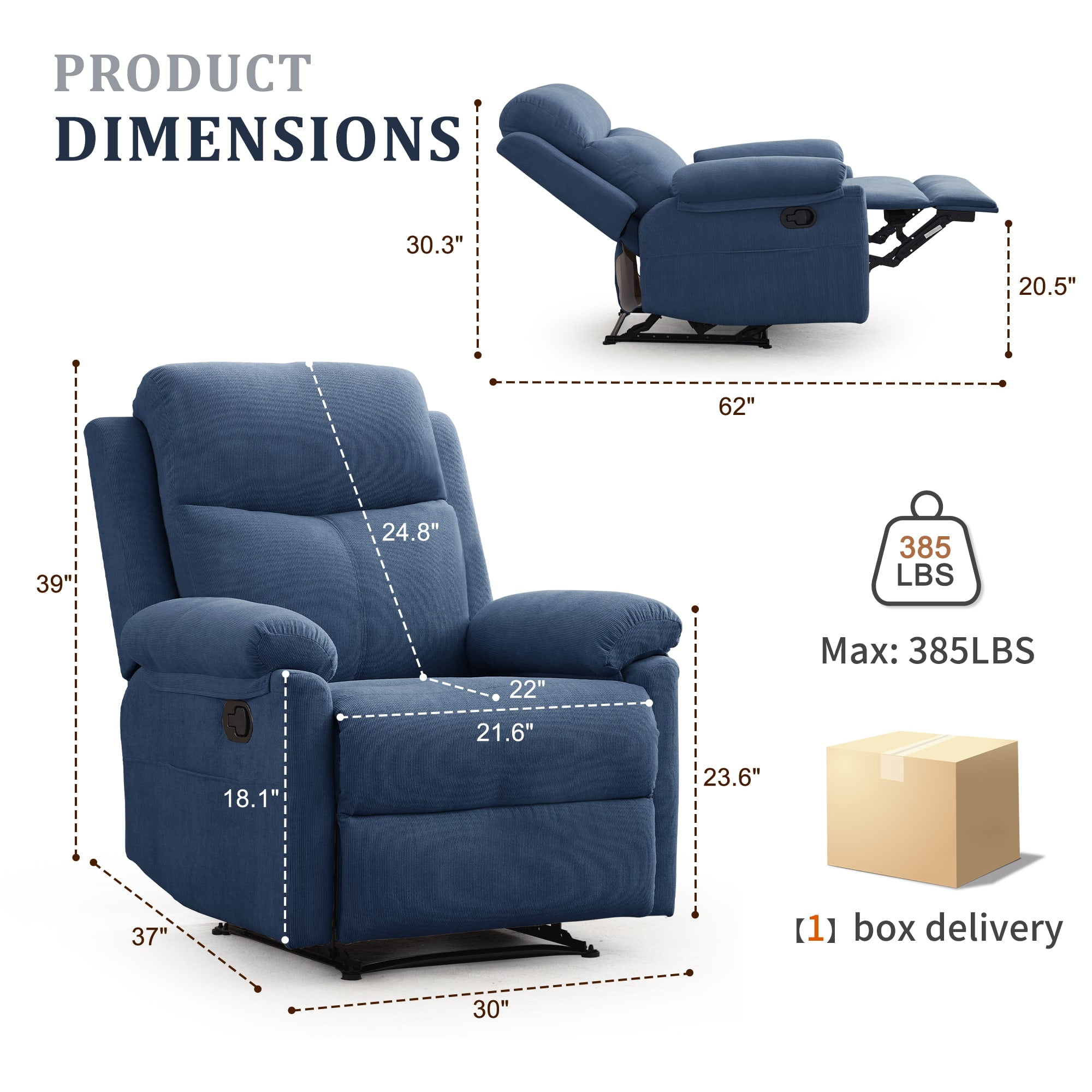Korser Manual Small Recliner Chair for Small Spaces for Living Room,Corduroy,Blue