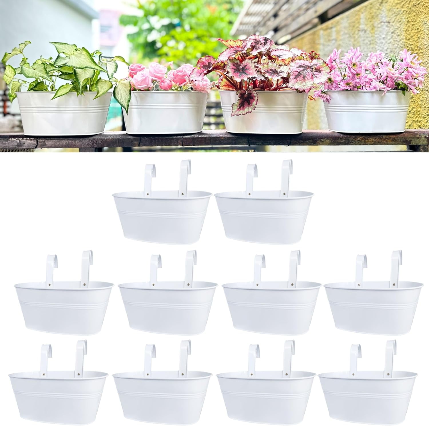 Outdoor Hanging Flower Pots 6 Pack 11.8 Inch White Metal Iron Planters Deck Railing Fence Window Box Plant Holders Porch Decor