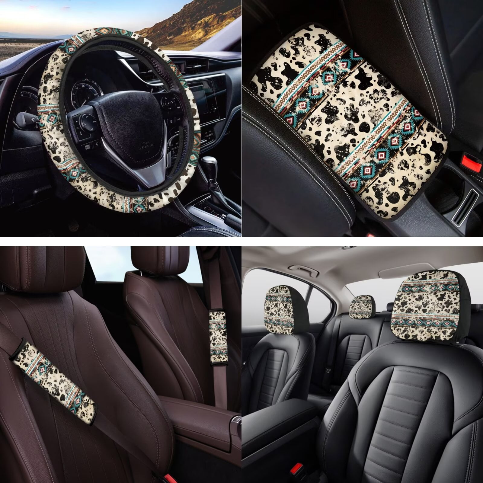 HUIACONG Aztec Cow Print Car Seat Covers Full Set with Steering Wheel Cover Center Console Cover Seat Belt Covers Coasters Headrest Cover Keychain 14 Pcs Universal Fit Most Vehicles SUV Sedan