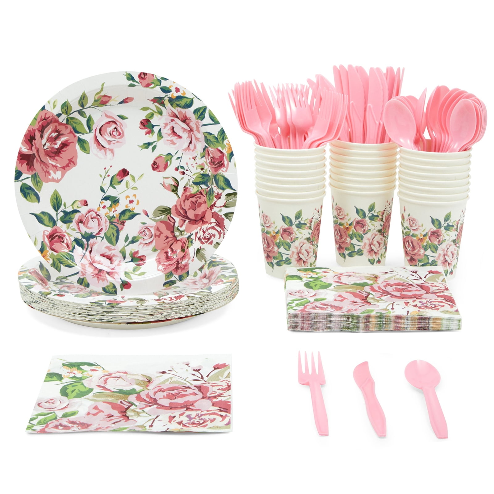 Serves 24 Vintage Floral Rose Tea Party Supplies, 144PCS Plates Napkins Cups, Disposable Dinnerware Set for Birthday Wedding Bridal Shower