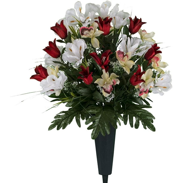 Sympathy Silks Artificial Cemetery Flowers Red Tulips and White Iris