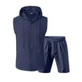 thumbnail image 4 of RYDCOT Mens Linen Sets 2 Piece Outfits Sleeveless Hooded Button Down Shirt and Shorts Set Vacation Outfit for Men Summer Beach Suits Navy, 4 of 8