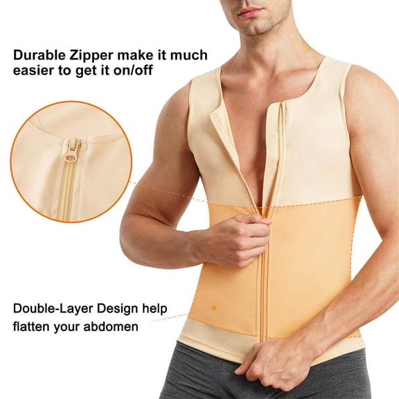 BLTIBY Mens Tank Top Shirt Belly Slimming Body Shaper Vest Sleeveless Zipper Undershirt Shapewear for Stomach Beige L