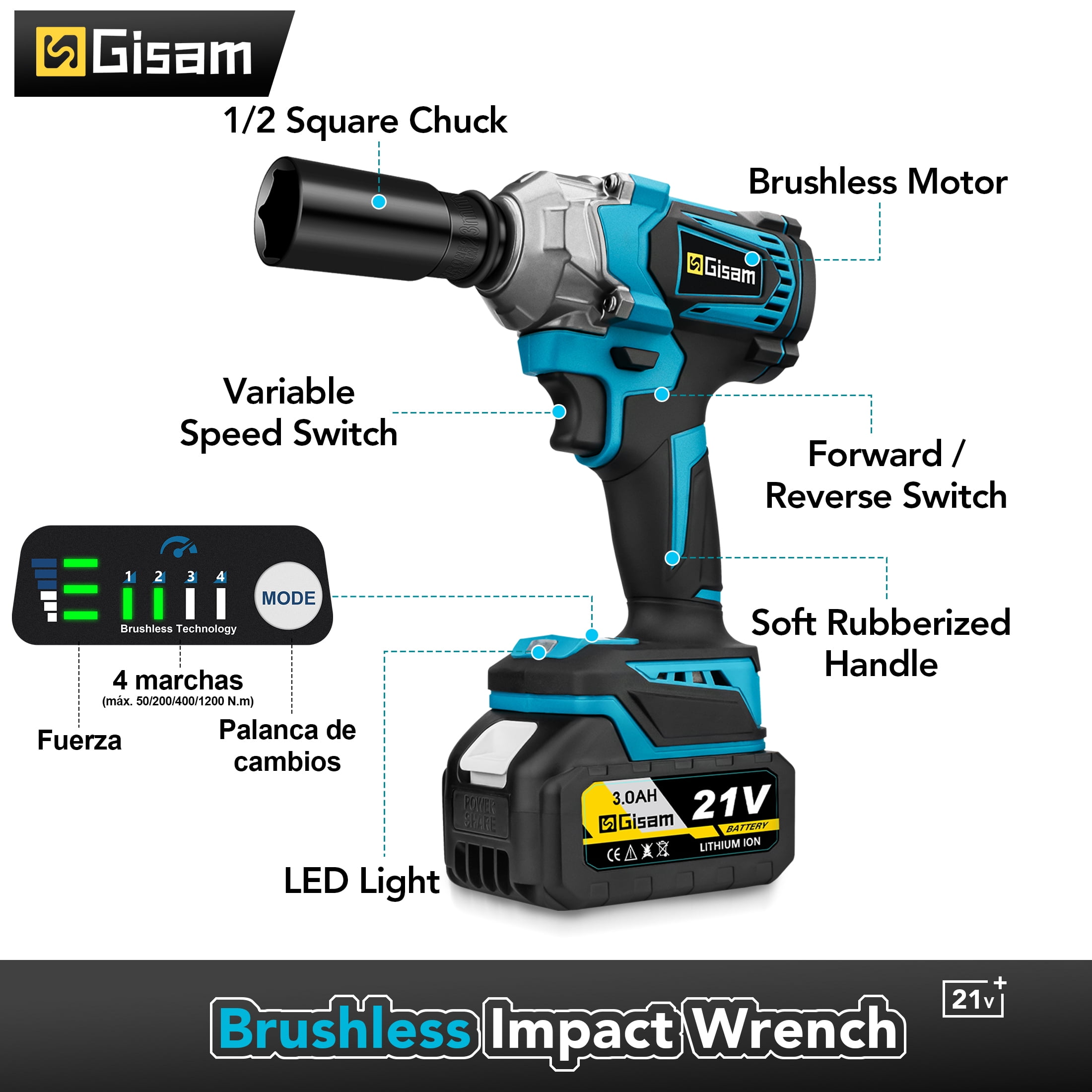 Gisam 800N.m(590 ft-lbs) Cordless Impact Wrench  with 2x4.0Ah Batteries & 13 Sockets Accessories, 1/2" Brushless High Torque  Impact Gun for Home Cars Tire