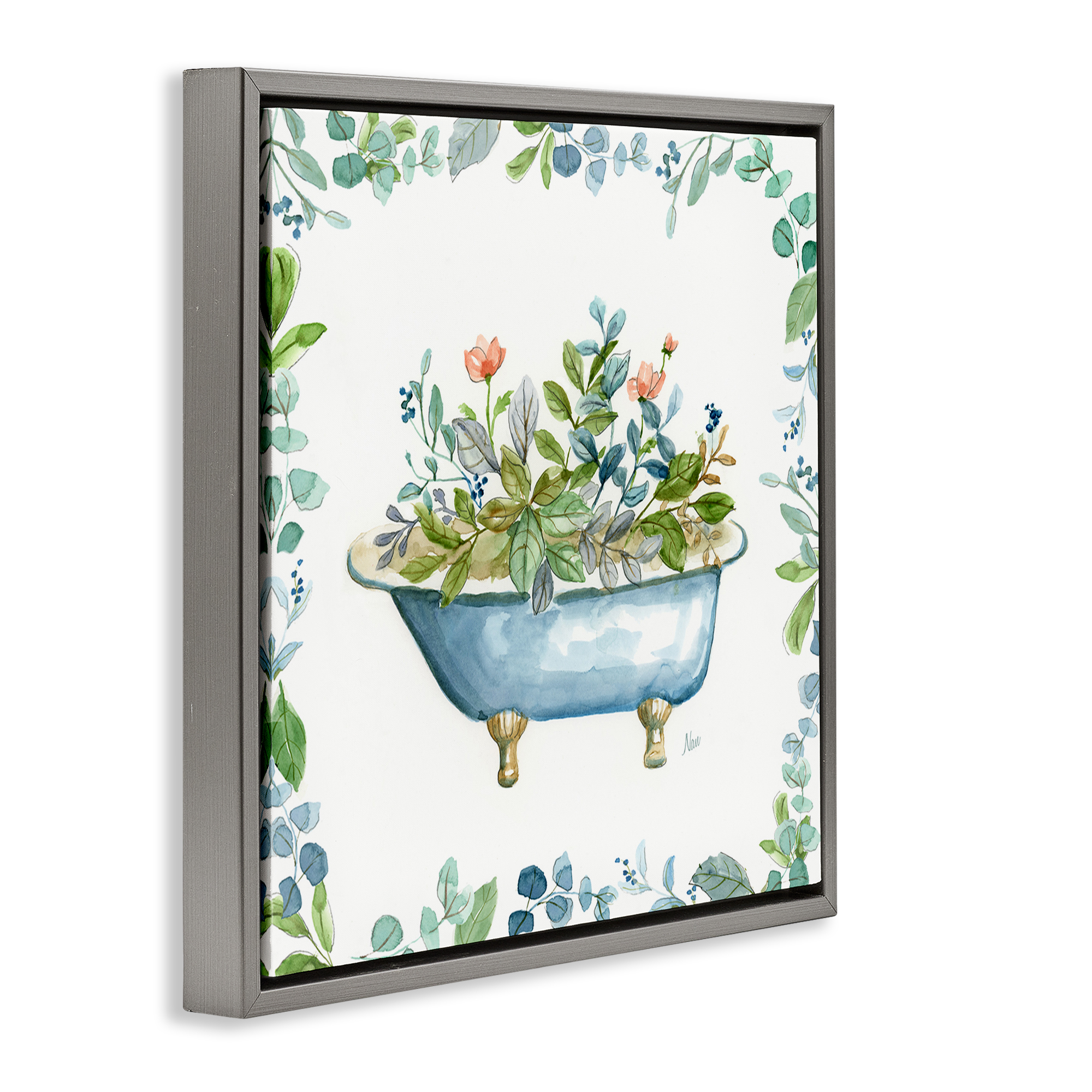 Stupell Industries Botanical Bath Tub Typography Painting Gray Floater Framed Canvas Art Print Wall Art, 18 x 18