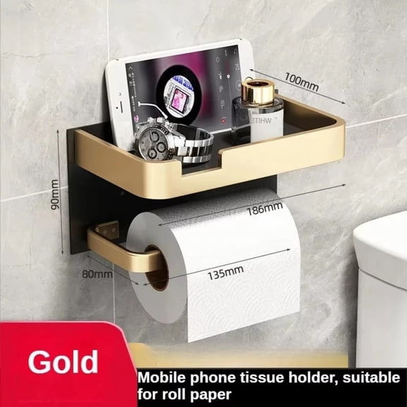 Black Gold Toilet Paper Holder Bathroom Wall Mount Multifunction WC Paper Phone Holder Shelf Towel Roll Shelf Accessories