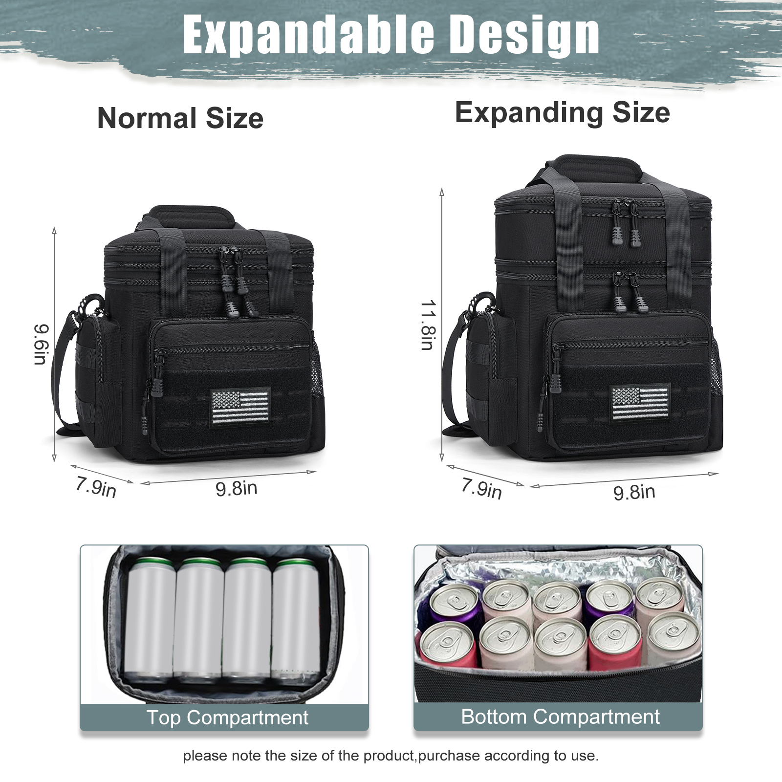 Holuxer Large Lunch Box for Men/Adults, Double Deck Expandable Camping Lunch Bags for Work Travel Daytrip Picnic Outdoor, Insulated Leakproof Cooler Bags with Flag Adjustable Shoulder Strap Black