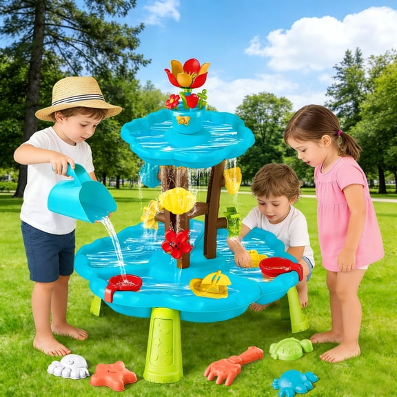 WIDELAND Blossom Sand and Water Table for Toddlers, 2-Tier kids Water Play Table with Spinning Wheels and Waterfall Showers for Boys Girls 1-3 ＆3-5, Outdoor Summer Toy for Backyard Beach