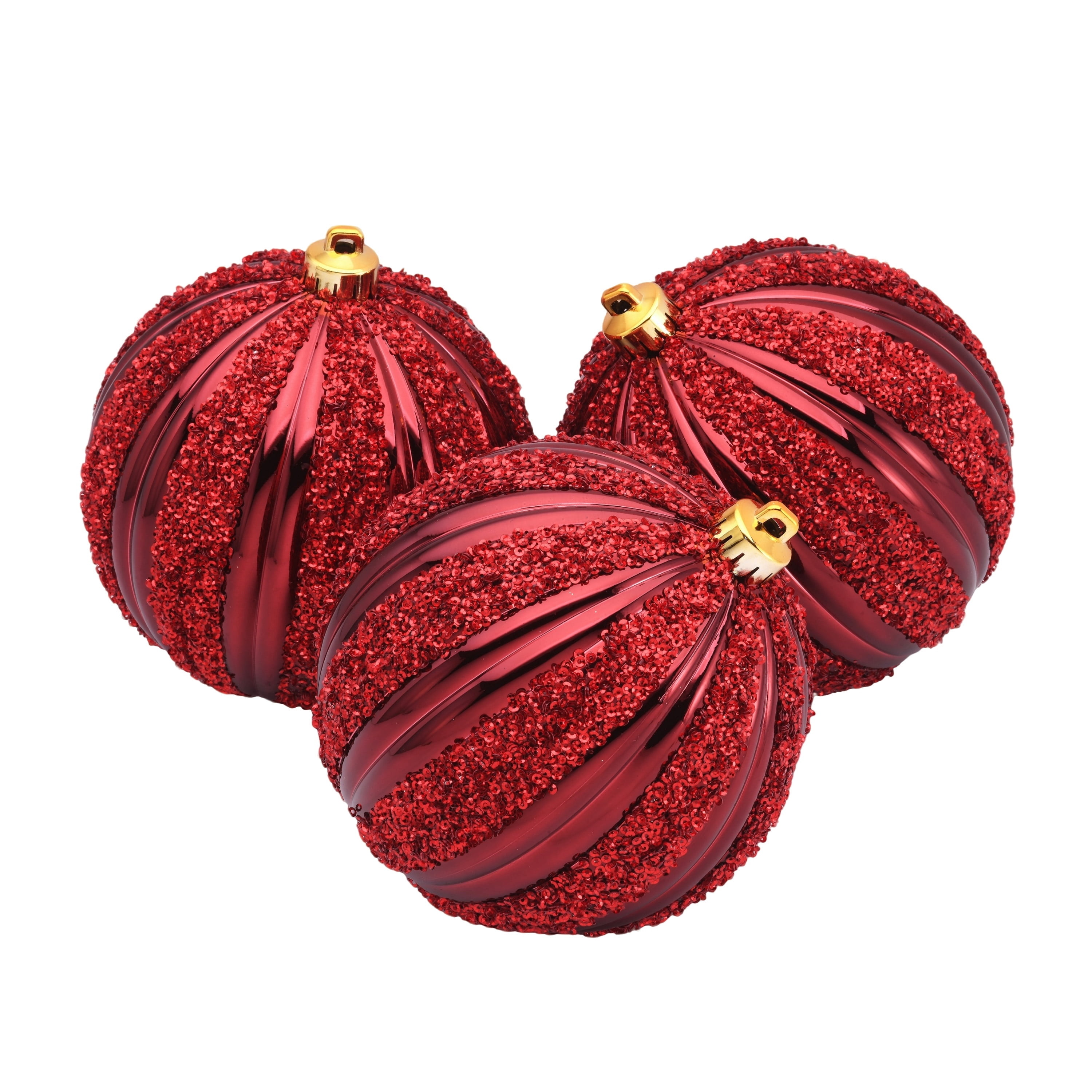 4-Count Dark Red Glitter Ribbed Shatterproof Christmas Ornaments, 7", by Holiday Time