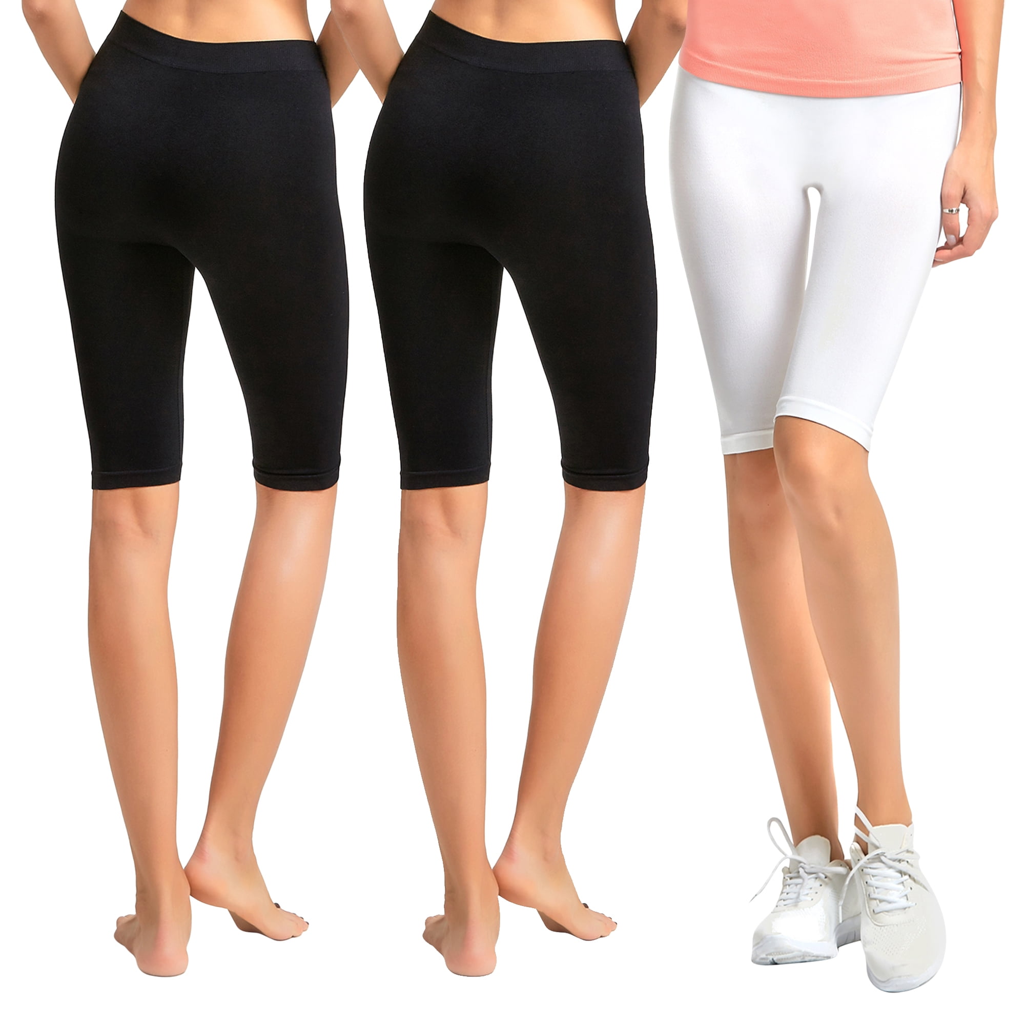 Women's 19 Seamless One Size Nylon Spandex Knee Length Slim Tight Cropped  Leggings (Black/Black/Black)