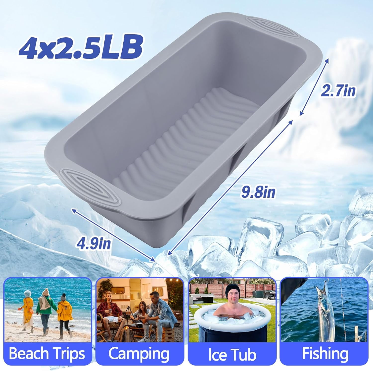 4PCS Large Ice Block Mold for Ice Bath 5LB, Reusable Silicone Ice Cube Mold for Cold Plunge Tub, Ice Bath Chiller for Ice Bath Tub, Ice Cube Tray Cold Plunge Accessories - Gray