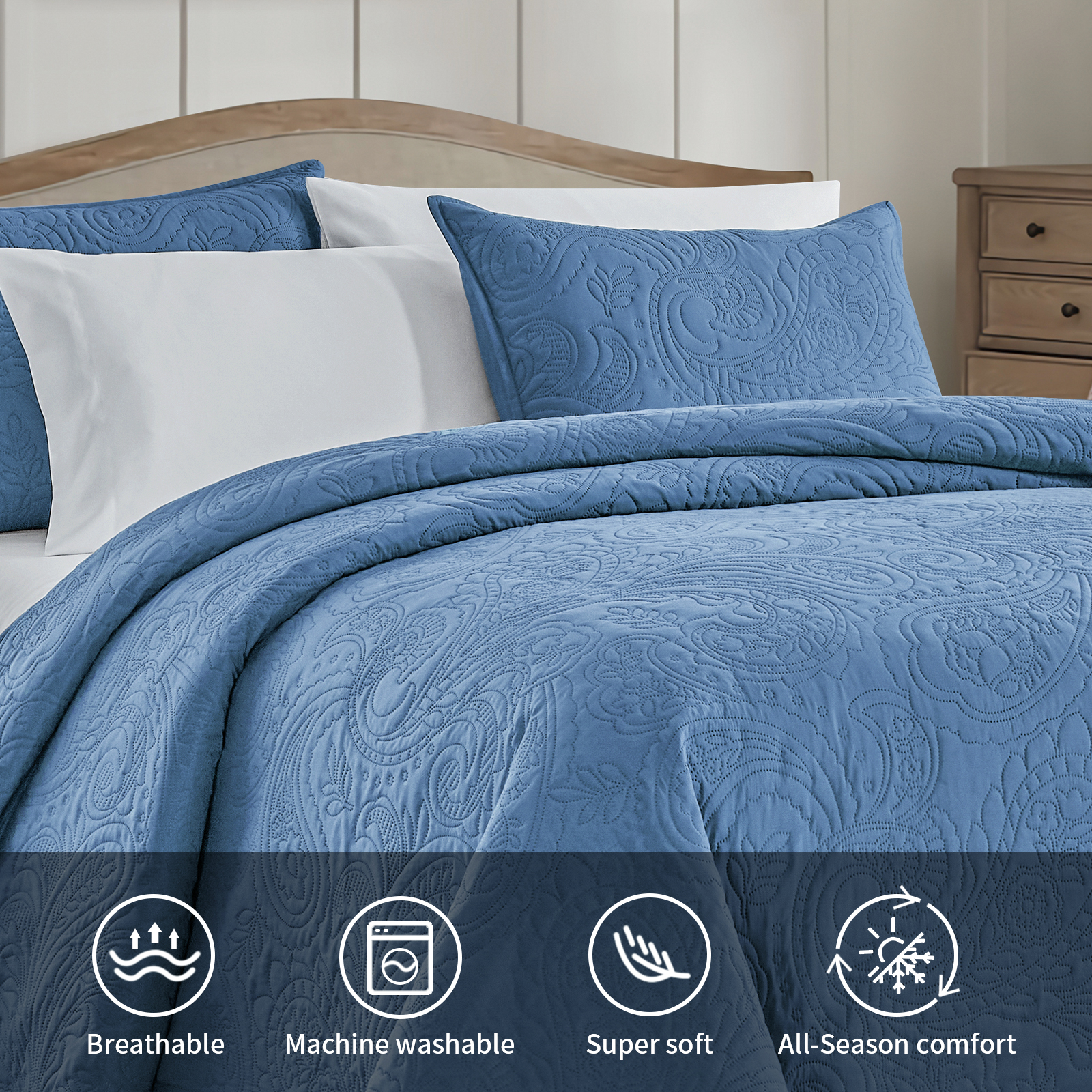 Bourina Modern Floral 3-Piece Quilt Set, Blue,King,Lightweight & Comfortable,Perfect for All Seasons