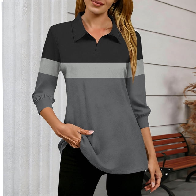 TaTaai 3/4 Sleeve V Neck Top for Women, Slim Fit Printed Fall Blouse, Casual Stretchy Fashion Wear, Elegant Daily Tops Gift