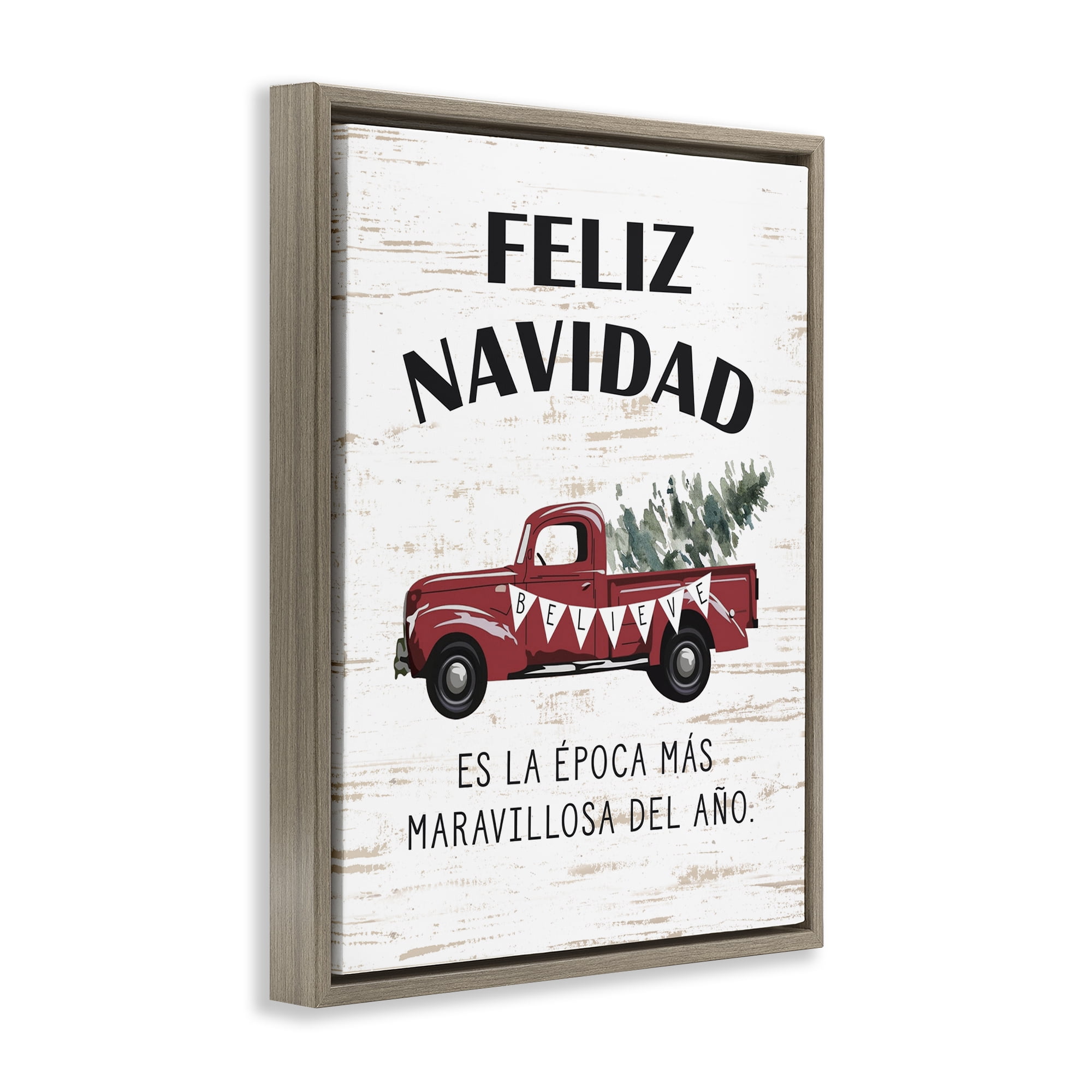 Stupell Industries Feliz Navidad Camioneta Roja Holiday Painting Brown Floater Framed Art Print Wall Art, 17 x 21