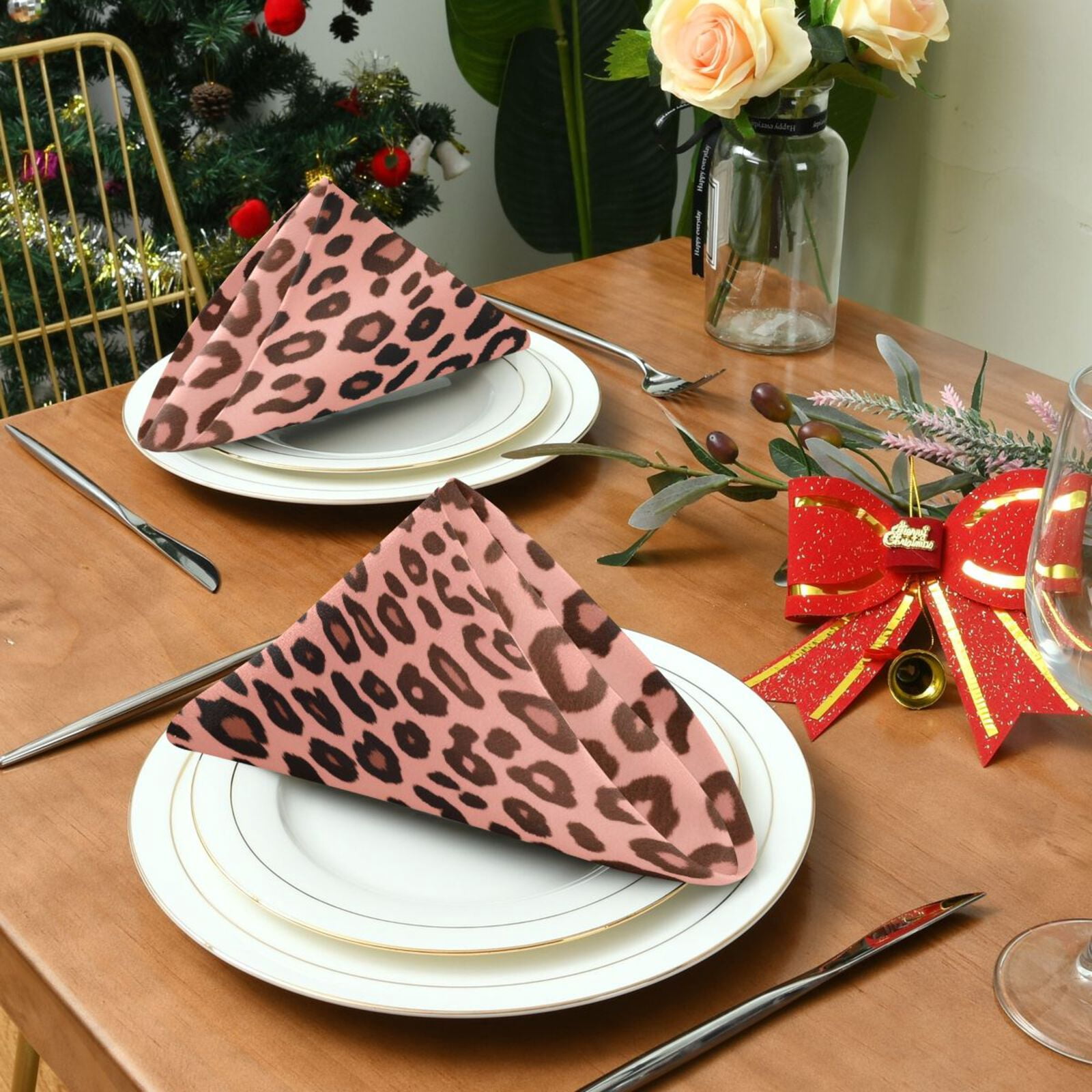 JSTEL Leopard Cheetah Prints Rose Gold Cloth Napkins Set of 6, 20x20 Inch Washable and Reusable Napkin for Decoupage Dinner Party Everyday Use