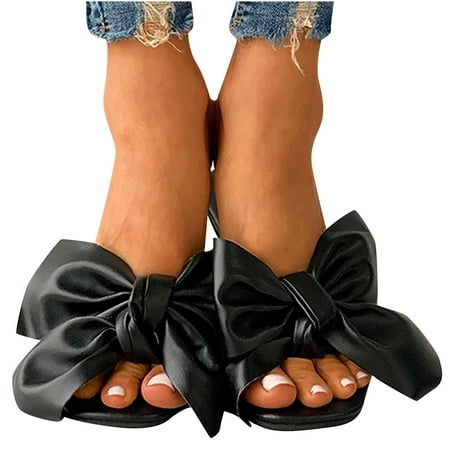 

Women Open Toe Slides Cute Bow-Knot Flat Slippers for Bathroom - Ladies Slippers Comfy Beach Roman Shoes