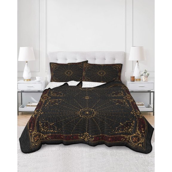 Quilts Full Size, Spiders Web Halloween Soft Comforter Bedding Set for Bed, Vintage Floral Luxury Red Golden Lightweight Quilted Bedspread with Pillow Cover(2 Pieces) for All Season, 78x90 Inch