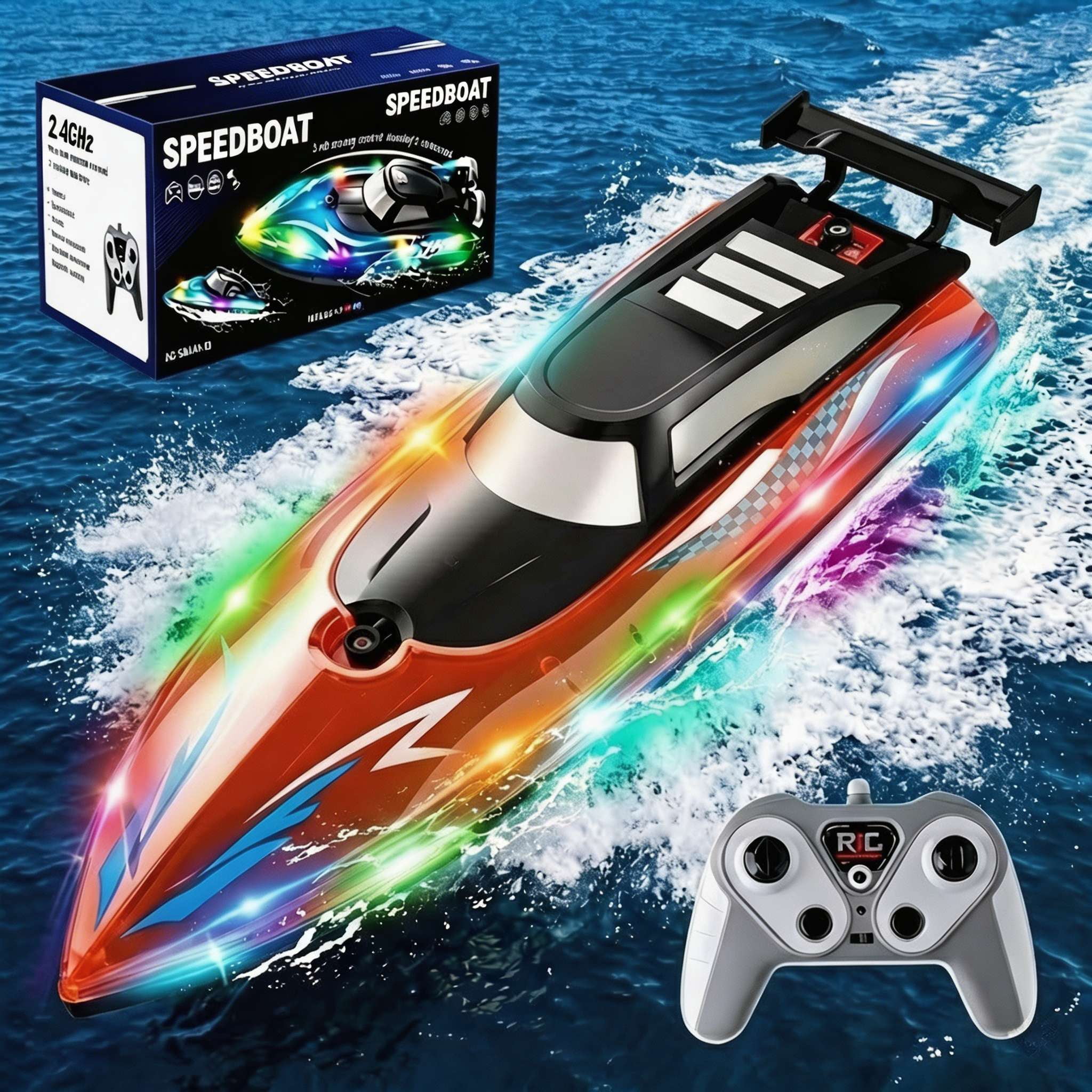 Tigozz RC Boat with LED Lights for Adults and Kids, 2.4GHz Fast Remote Control Speedboat for Lakes and Pools, Motorized High Speed Water Toys, Red