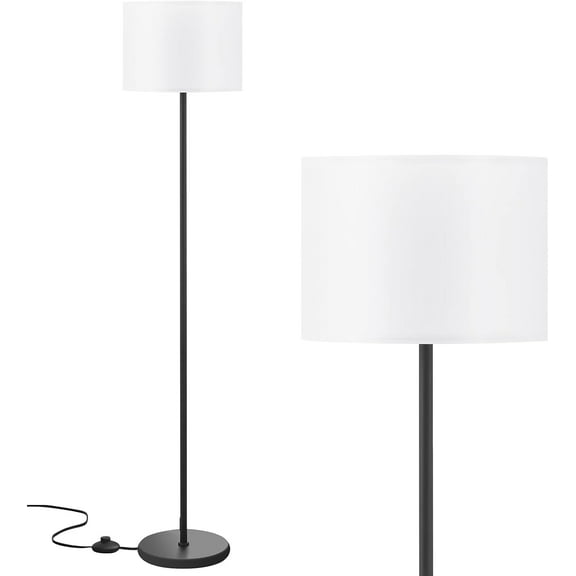 Modern Floor Lamp Simple Design with White Shade, Foot Pedal Switch, 60" Small Tall Lamps for Living Room Bedroom Office Dining Room Kitchen, Black Pole Lamp (Without Bulb)