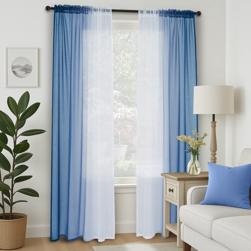 Topfinel Blue Faux Linen Ombre Sheer Curtains,Semi Voile Gradient Rod Pocket Curtains for Bedroom and Living Room, Set of 2 Window Curtain Panels, 54 x 96 Inch Long