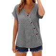 thumbnail image 2 of Favoffer Women's Plaid Pullovers V Neck Short Sleeve Button Placket Grid Weave Loose Silhouette Daily Shirts Picnic Gathering Weekend Rest, 2 of 8